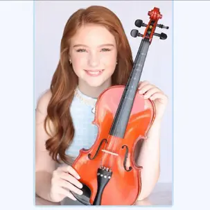 A professional portrait of 12-year-old youth leader Evelyn Bridenbaugh holding a violin.