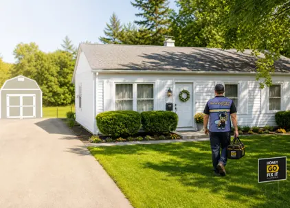 A clean, bright image of a well-kept older Dayton home exterior with a Honey Go Fix It plumber walking toward the front door or porch with a tool bag.