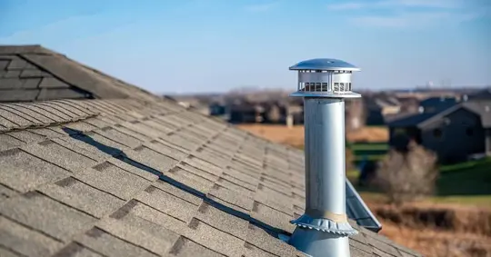 A metal roof vent pipe with a protective weather cap installed on a shingled residential roof against a bright blue sky.