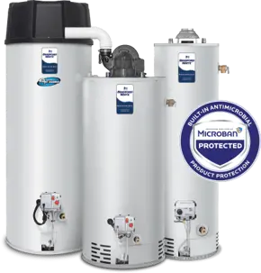 Bradford White gas water heater professionally installed in a residential utility closet with copper piping, shutoff valves, and metal venting system, designed for reliable hot water performance in Dayton, Ohio homes.