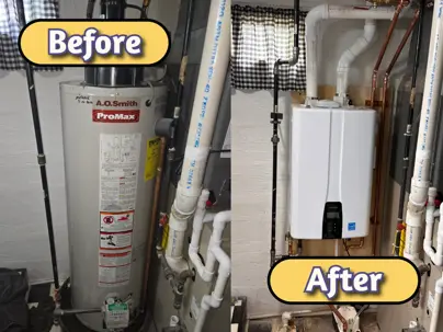 A before and after comparison showing an old, bulky tank water heater being replaced by a modern, wall-mounted Navien tankless water heater in a Dayton, OH home.
