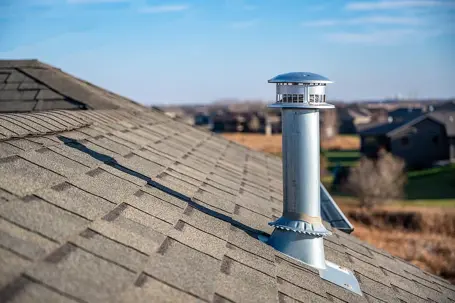 A metal roof vent pipe with a protective weather cap installed on a shingled residential roof against a bright blue sky.