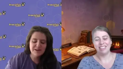 A still from a video shows two smiling women. The left woman's background reads "Honey Go Fix It!", while the right woman has a cozy study setting.